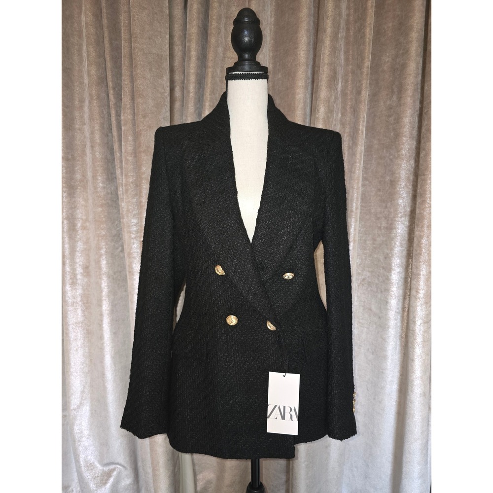Zara Black Tweed Boucle Blazer Gold Crest Buttons  Womens M NWT